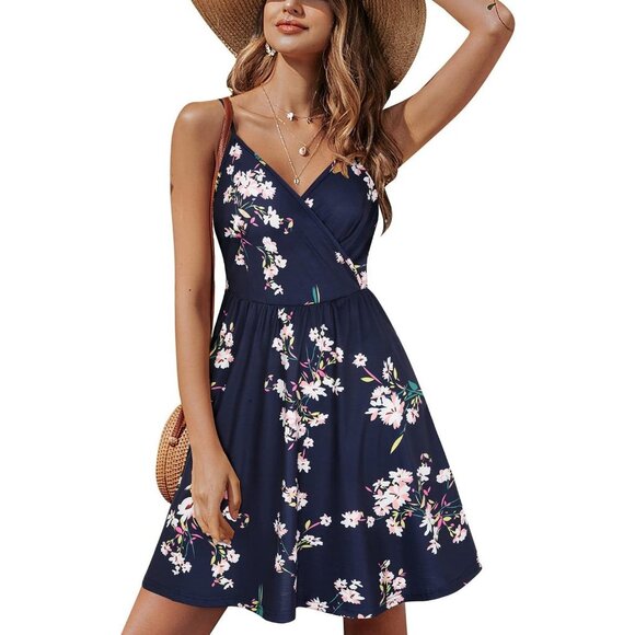 Womens Floral Solid Spaghetti Strap Summer Casual Swing Sundress with Pocket - Picture 1 of 5